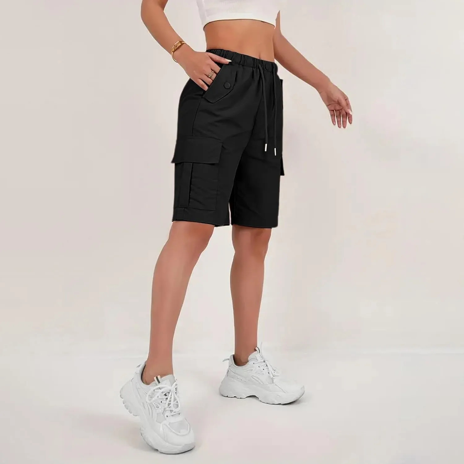 Wide Leg Bermuda Shorts for Women High Waisted Wide Leg Cargo Shorts Summer Baggy Waterproof Hiking Pants with Pockets