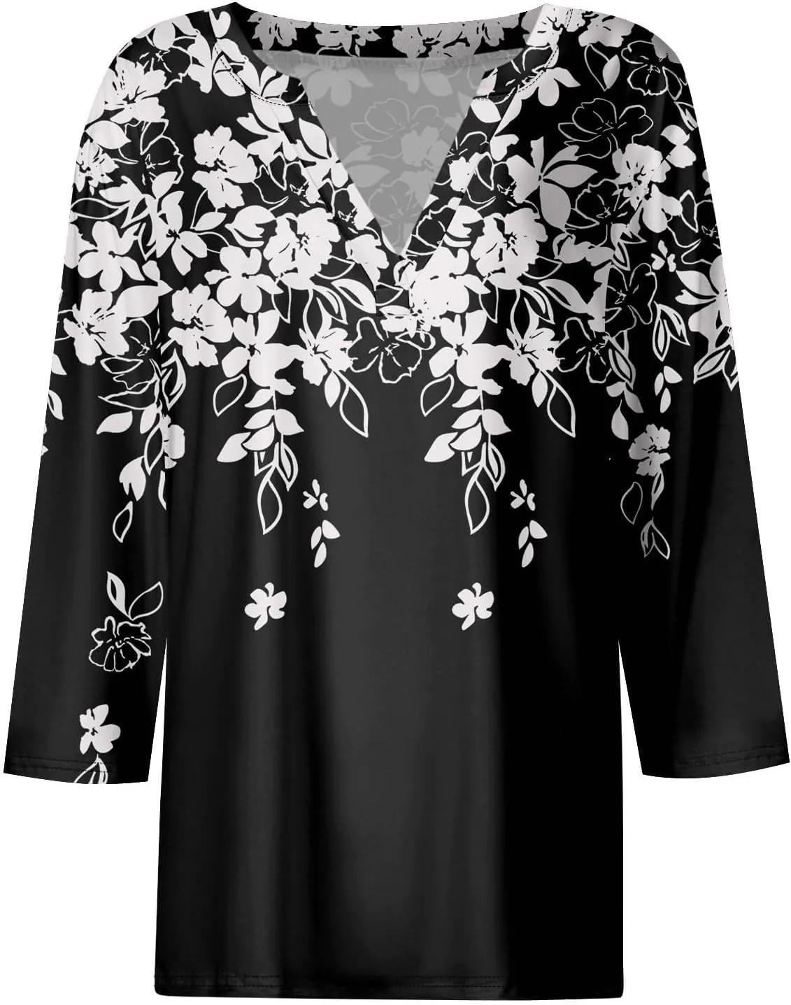 Women 3/4 Sleeve Floral Tops Dressy Casual Summer Blouses T Shirts V Neck Trendy Blouse Tunic Loose Fit Boho Clothing