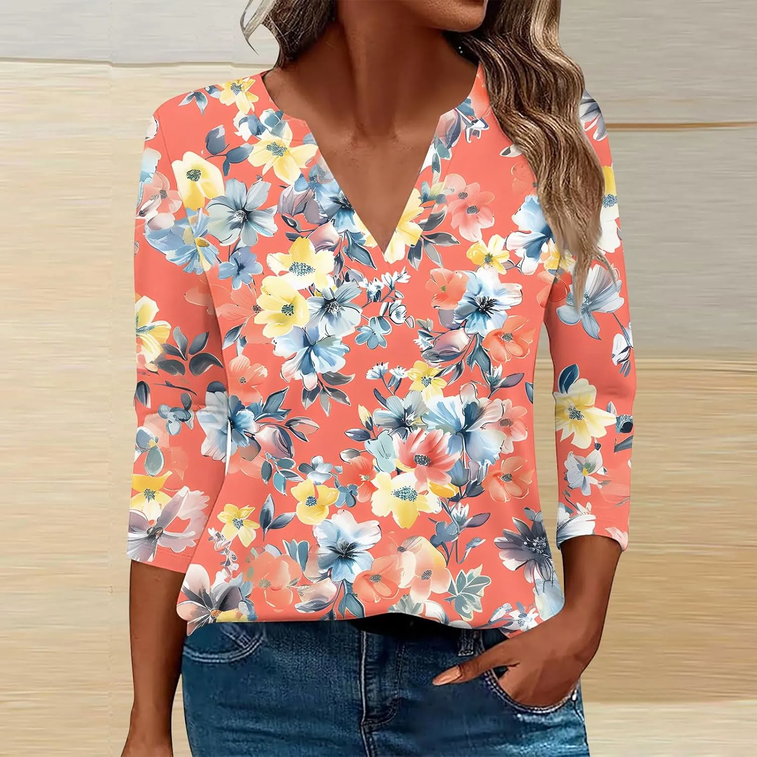 Women 3/4 Sleeve Floral Tops Dressy Casual Summer Blouses T Shirts V Neck Trendy Blouse Tunic Loose Fit Boho Clothing