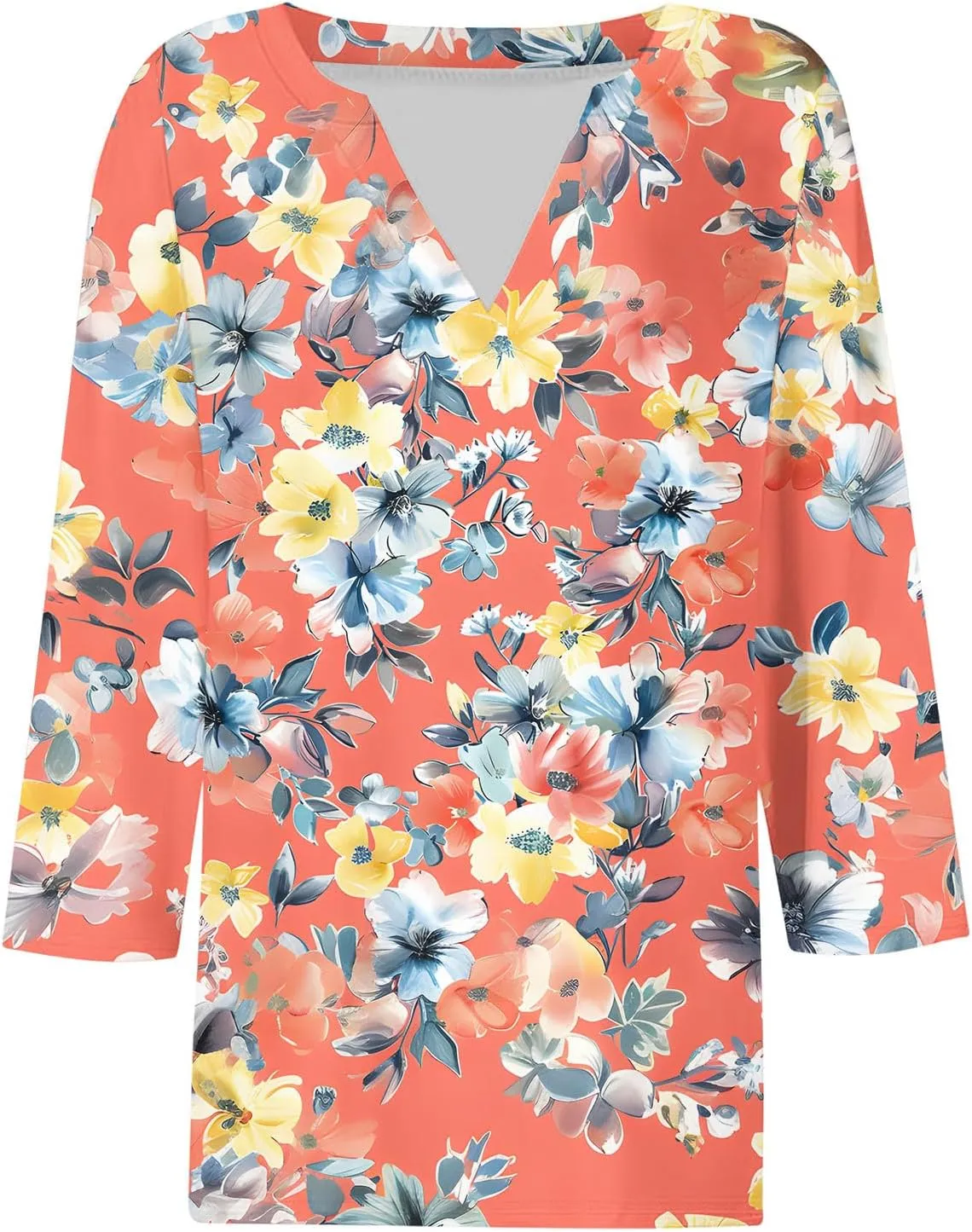 Women 3/4 Sleeve Floral Tops Dressy Casual Summer Blouses T Shirts V Neck Trendy Blouse Tunic Loose Fit Boho Clothing