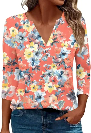 Women 3/4 Sleeve Floral Tops Dressy Casual Summer Blouses T Shirts V Neck Trendy Blouse Tunic Loose Fit Boho Clothing