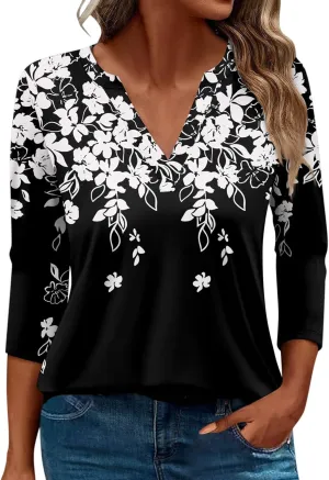 Women 3/4 Sleeve Floral Tops Dressy Casual Summer Blouses T Shirts V Neck Trendy Blouse Tunic Loose Fit Boho Clothing