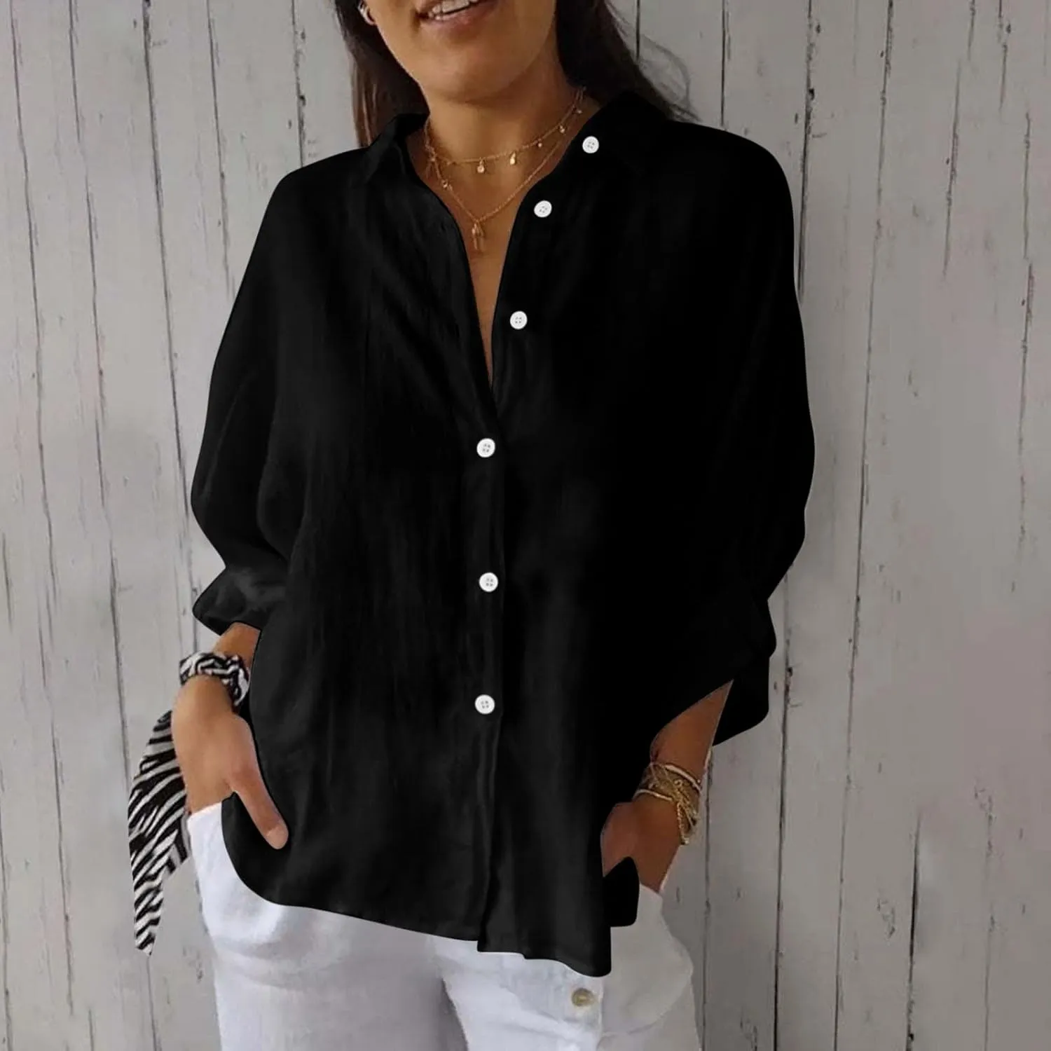Women Button Down Shirts Cotton Linen Blouse Tops 3/4 Sleeve Gauze Collar Shirt Tunic Loose Fit Fashion Trendy Clothes