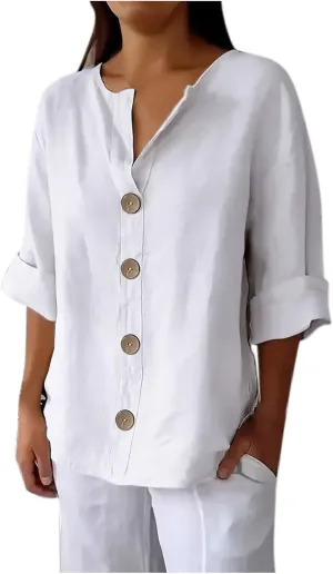 Women Button Front V Neck Tee Tops Summer Dressy Cotton Linen 3/4 Sleeve T-Shirts Casual Loose Fit Solid Work Blouses