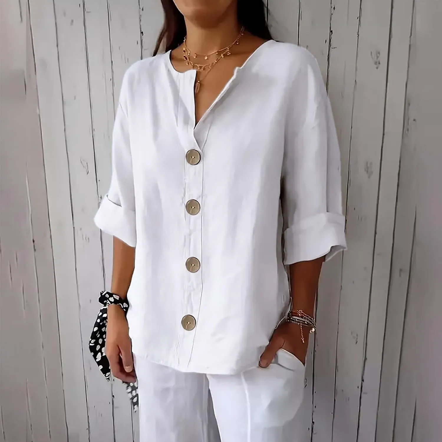 Women Button Front V Neck Tee Tops Summer Dressy Cotton Linen 3/4 Sleeve T-Shirts Casual Loose Fit Solid Work Blouses