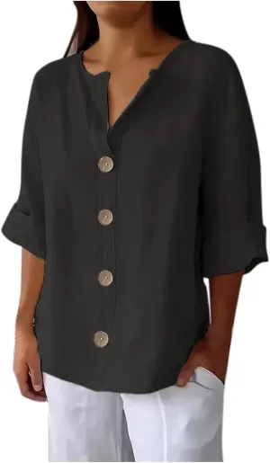 Women Button Front V Neck Tee Tops Summer Dressy Cotton Linen 3/4 Sleeve T-Shirts Casual Loose Fit Solid Work Blouses