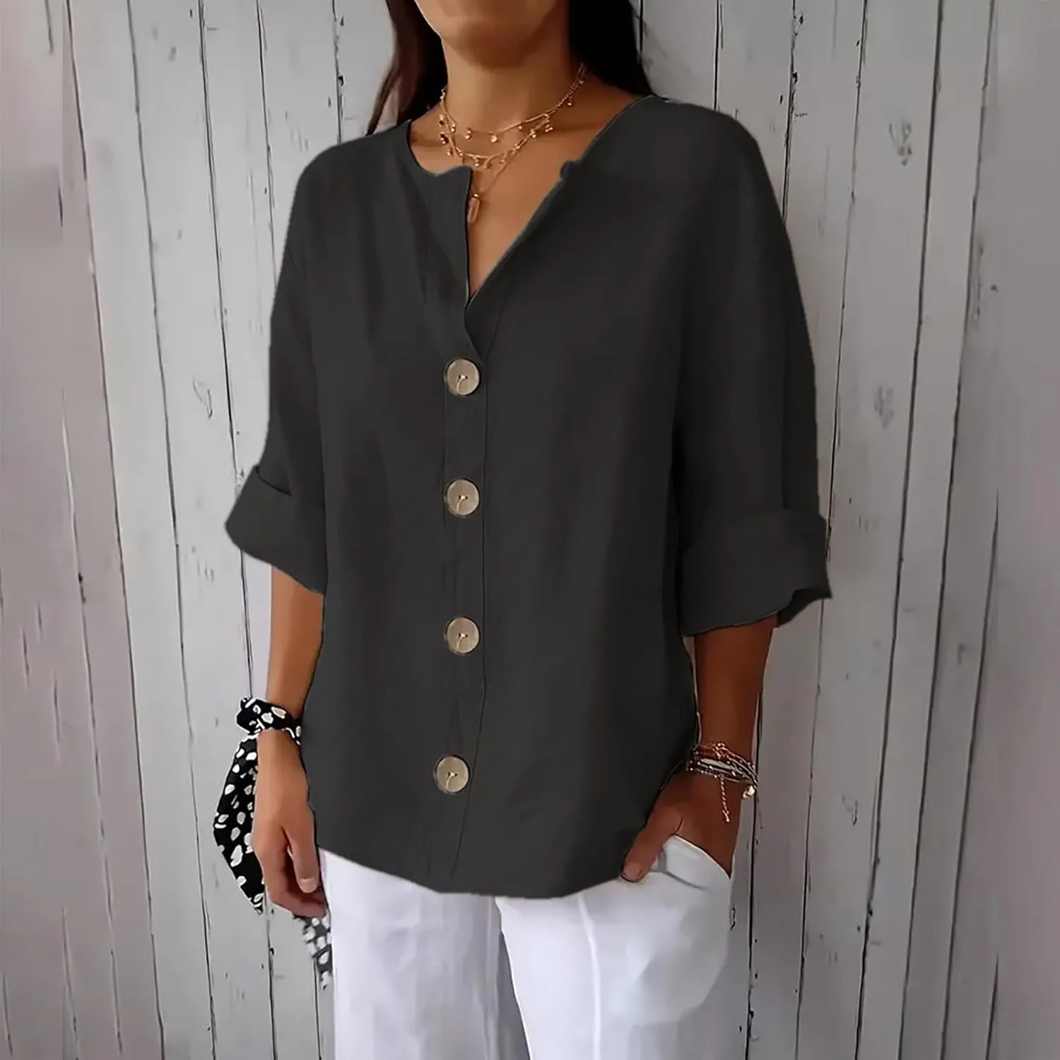 Women Button Front V Neck Tee Tops Summer Dressy Cotton Linen 3/4 Sleeve T-Shirts Casual Loose Fit Solid Work Blouses