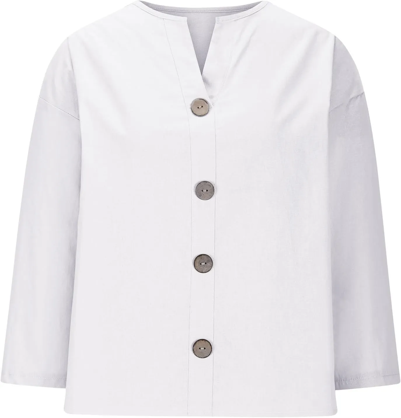 Women Button Front V Neck Tee Tops Summer Dressy Cotton Linen 3/4 Sleeve T-Shirts Casual Loose Fit Solid Work Blouses