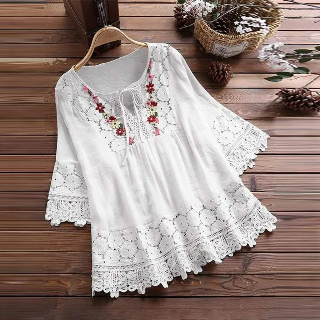 Women Cotton Linen Embroidered Tops Loose Fit Tunic 3/4 Sleeve Summer Blouse Shirts Boho Peasant Trendy Clothes 2024