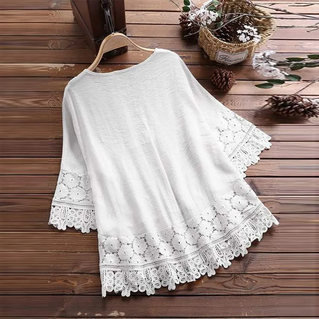 Women Cotton Linen Embroidered Tops Loose Fit Tunic 3/4 Sleeve Summer Blouse Shirts Boho Peasant Trendy Clothes 2024