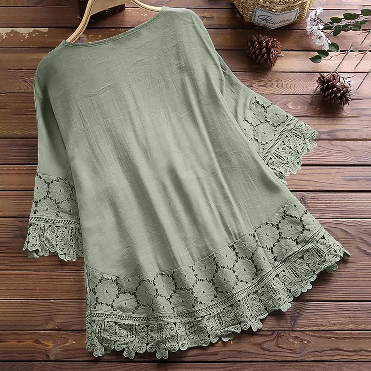 Women Cotton Linen Embroidered Tops Loose Fit Tunic 3/4 Sleeve Summer Blouse Shirts Boho Peasant Trendy Clothes 2024