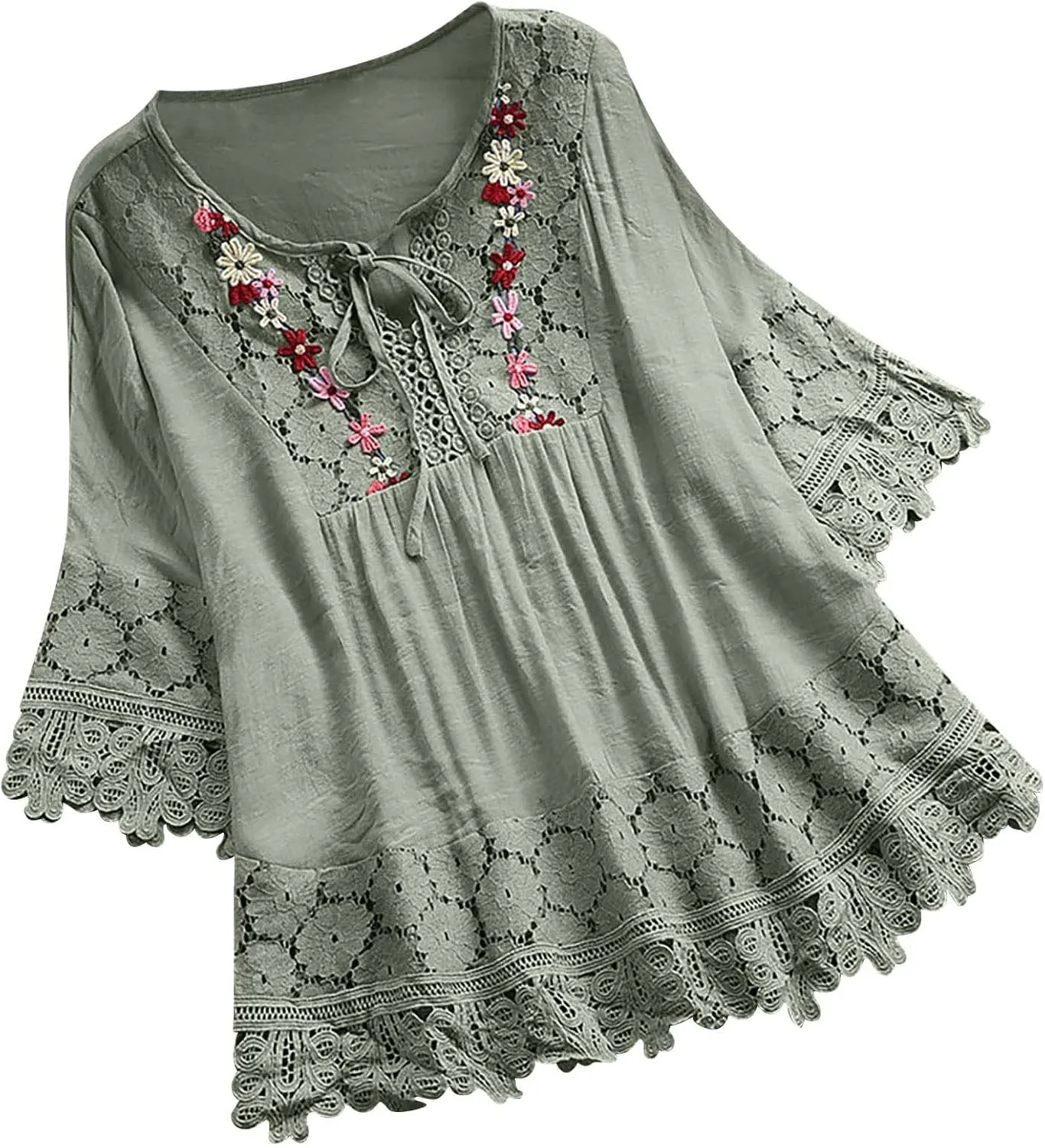 Women Cotton Linen Embroidered Tops Loose Fit Tunic 3/4 Sleeve Summer Blouse Shirts Boho Peasant Trendy Clothes 2024