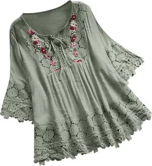 Women Cotton Linen Embroidered Tops Loose Fit Tunic 3/4 Sleeve Summer Blouse Shirts Boho Peasant Trendy Clothes 2024