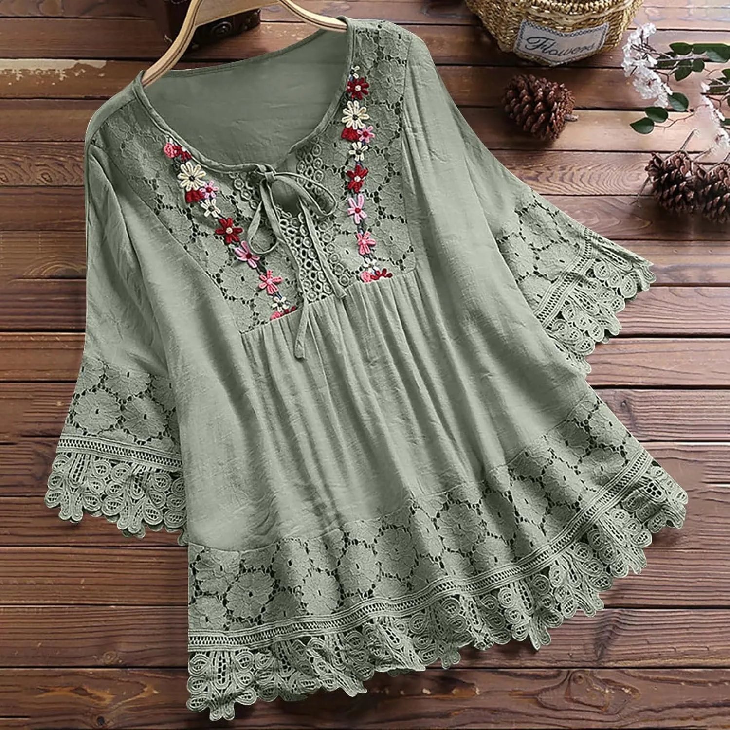 Women Cotton Linen Embroidered Tops Loose Fit Tunic 3/4 Sleeve Summer Blouse Shirts Boho Peasant Trendy Clothes 2024