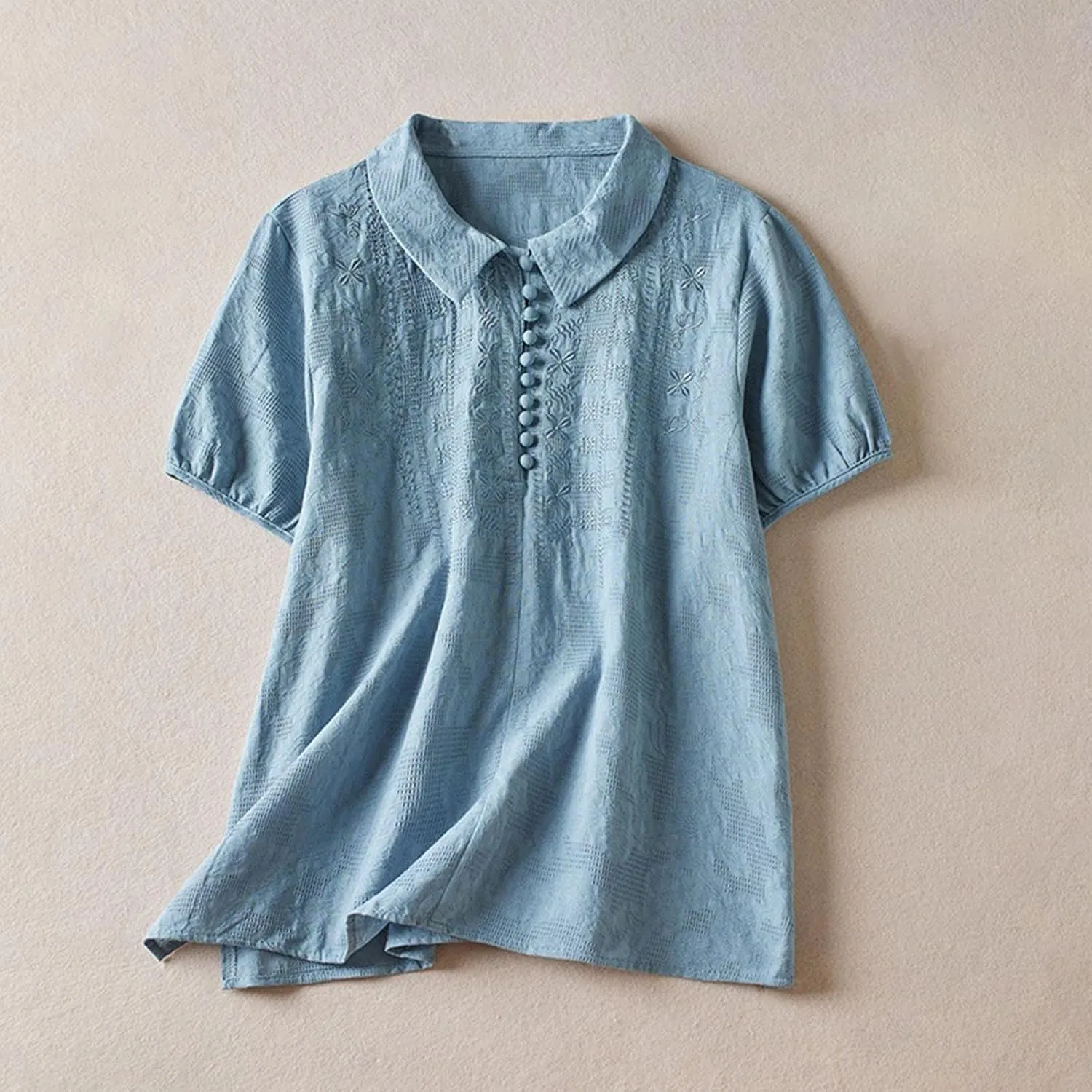 Women Cotton Linen Shirt Cute Doll Collar Puff Short Sleeve Tops Vintage Embroidered Tees Casual Loose Summer T-Shirt