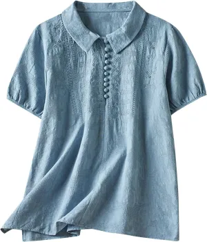 Women Cotton Linen Shirt Cute Doll Collar Puff Short Sleeve Tops Vintage Embroidered Tees Casual Loose Summer T-Shirt