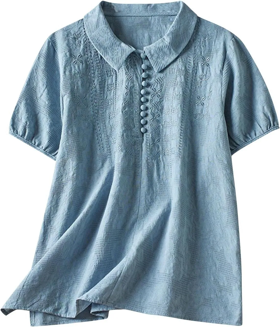 Women Cotton Linen Shirt Cute Doll Collar Puff Short Sleeve Tops Vintage Embroidered Tees Casual Loose Summer T-Shirt