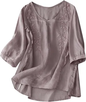Women Cotton Linen Summer Tops Embroidered Bohemian Blouses Shirts 3/4 Sleeve Guaze Tunic Boho Style Peasant Outfits