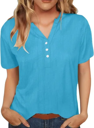 Women Cotton Linen T-Shirt Henley Shirts Casual V Neck Short Sleeve Summer Loose Tops Lightweight Breathable Tees