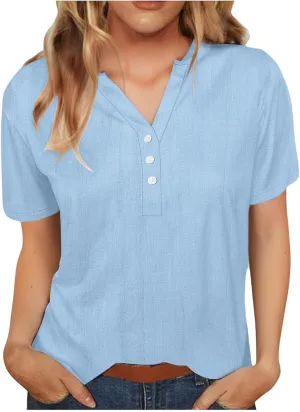 Women Cotton Linen T-Shirt Henley Shirts Casual V Neck Short Sleeve Summer Loose Tops Lightweight Breathable Tees