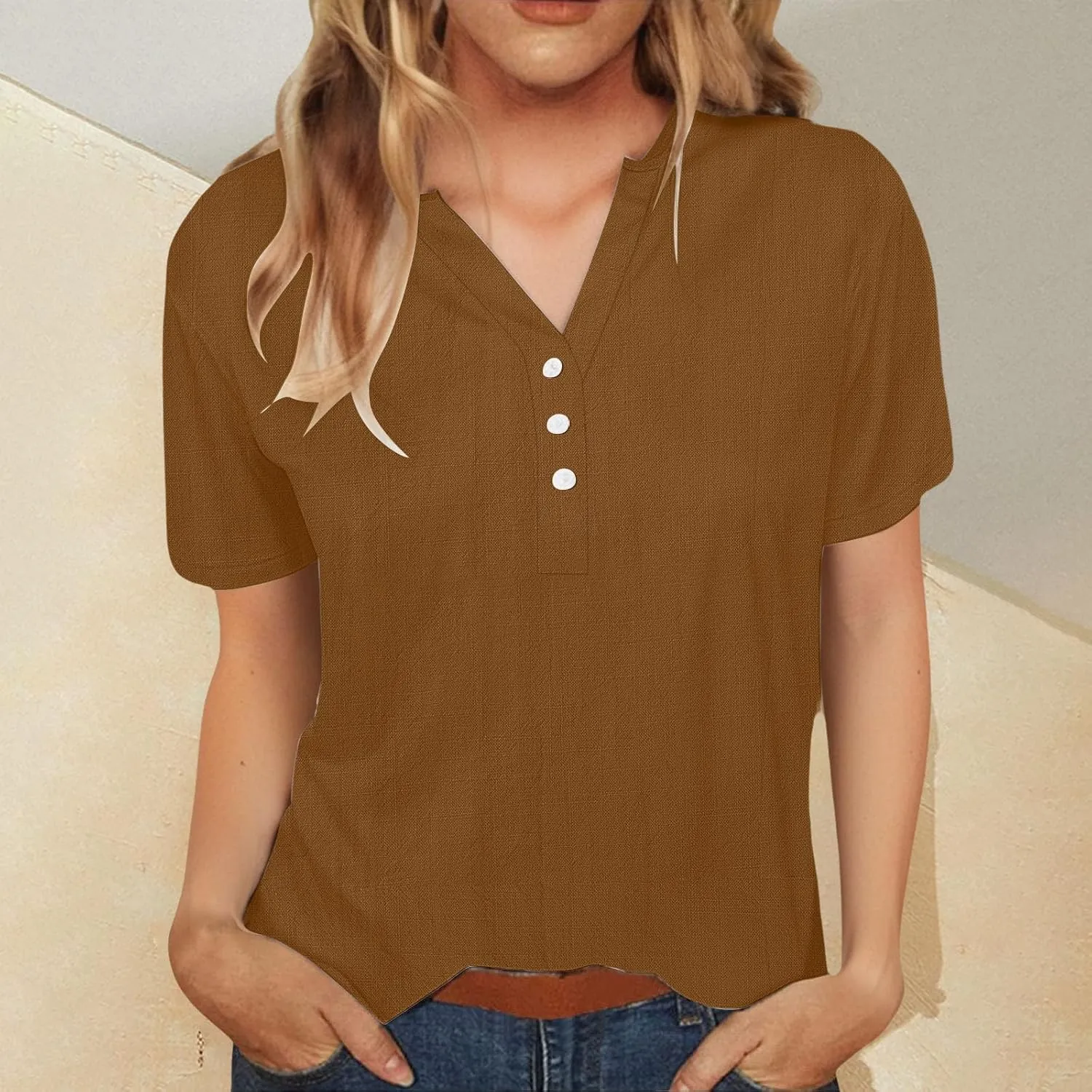 Women Cotton Linen T-Shirt Henley Shirts Casual V Neck Short Sleeve Summer Loose Tops Lightweight Breathable Tees