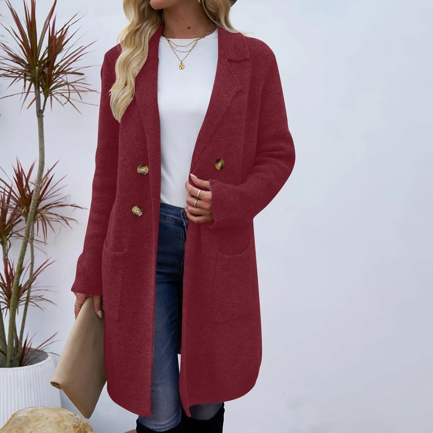 Women Fall Long Cardigan Dressy Long Sleeve Wool Blend Pea Coat Oversized Button Up Blazer Coatigan with Pockets