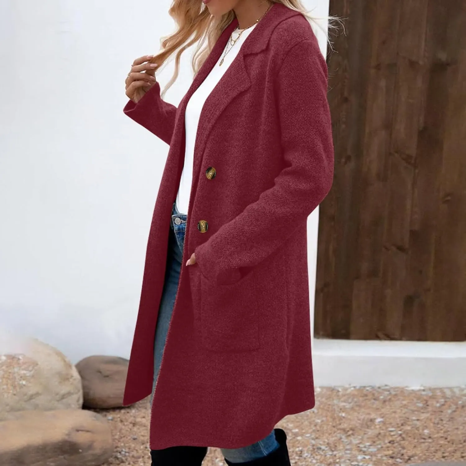 Women Fall Long Cardigan Dressy Long Sleeve Wool Blend Pea Coat Oversized Button Up Blazer Coatigan with Pockets