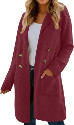 Women Fall Long Cardigan Dressy Long Sleeve Wool Blend Pea Coat Oversized Button Up Blazer Coatigan with Pockets
