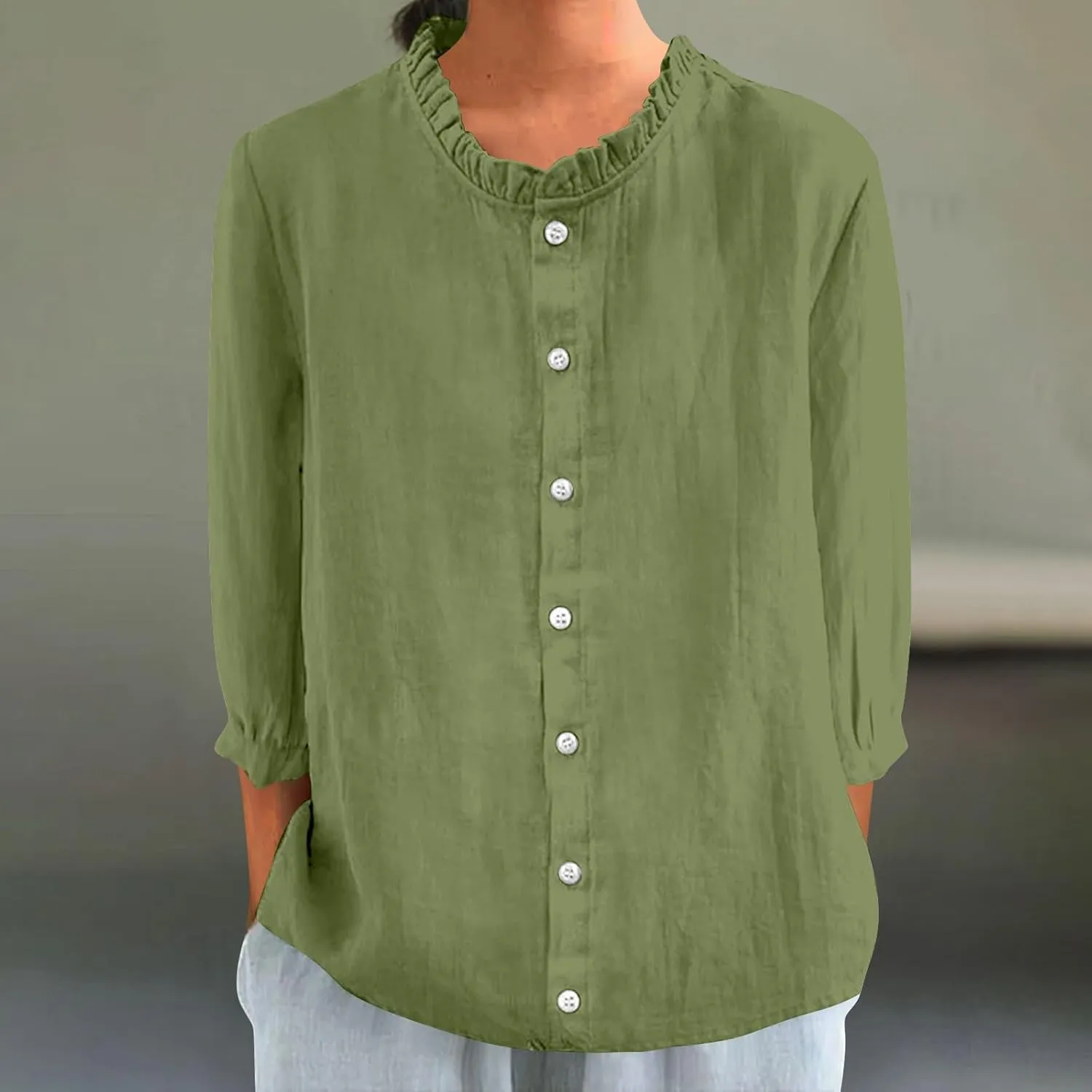 Women Frill Trim Stand Collar Shirts Summer Cotton Linen 3/4 Sleeve Button Down Blouses Dressy Casual Loose Fit Tee Tops