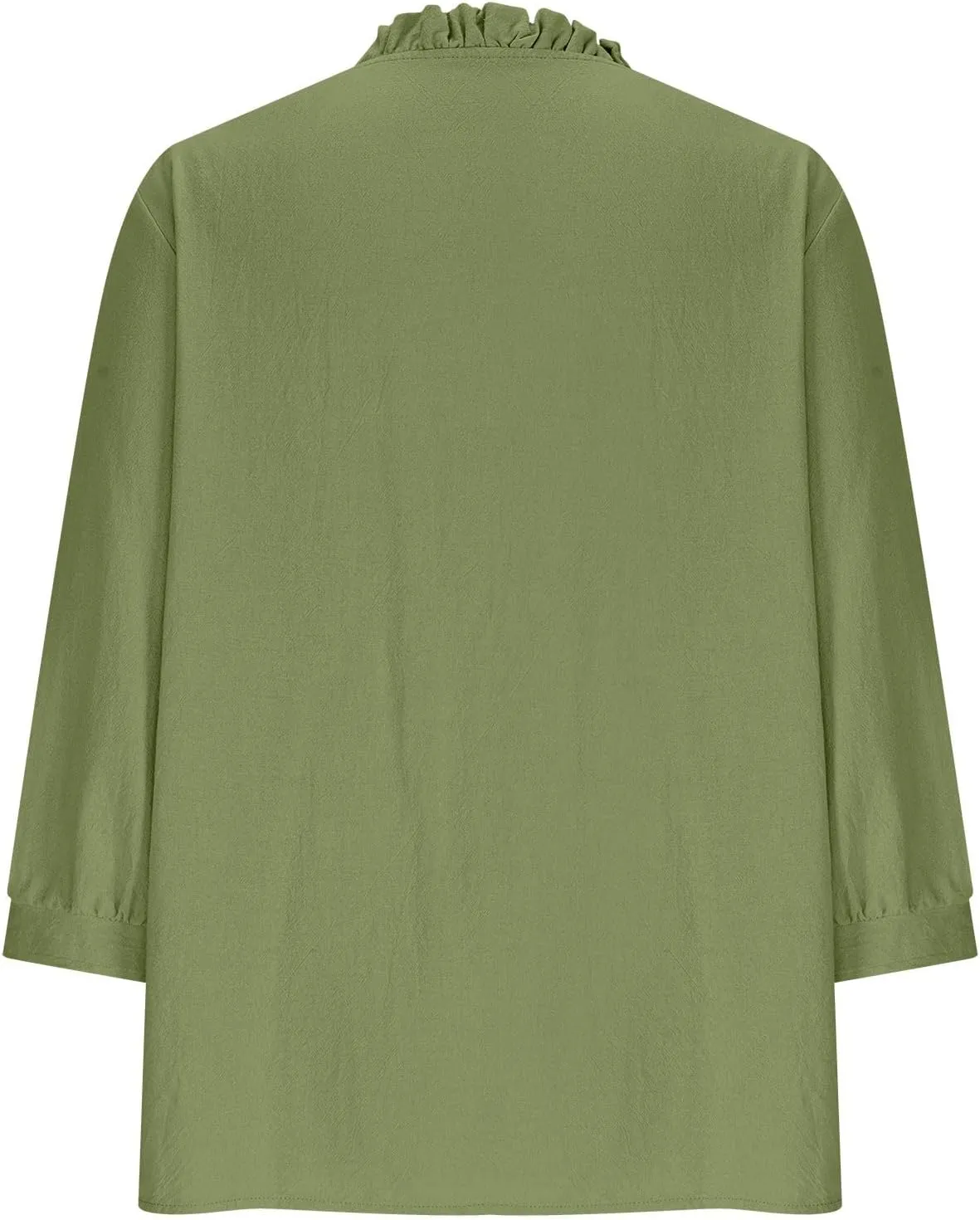 Women Frill Trim Stand Collar Shirts Summer Cotton Linen 3/4 Sleeve Button Down Blouses Dressy Casual Loose Fit Tee Tops