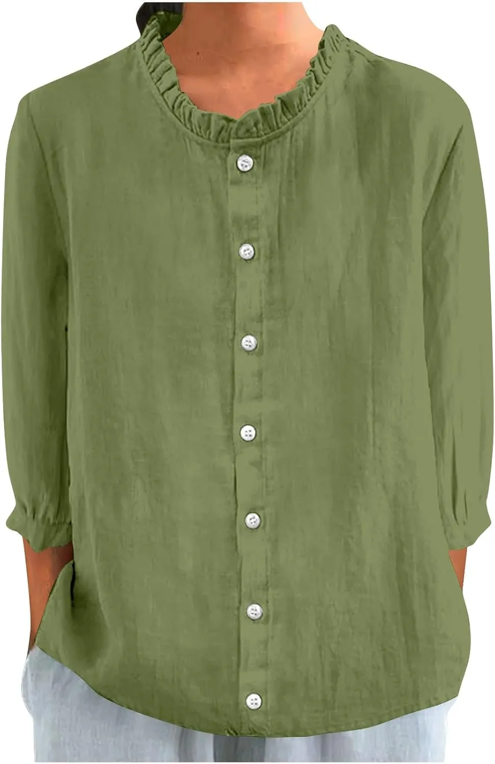 Women Frill Trim Stand Collar Shirts Summer Cotton Linen 3/4 Sleeve Button Down Blouses Dressy Casual Loose Fit Tee Tops