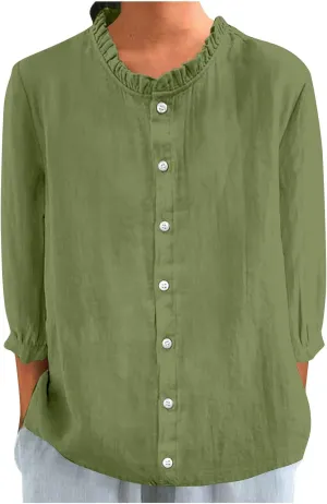 Women Frill Trim Stand Collar Shirts Summer Cotton Linen 3/4 Sleeve Button Down Blouses Dressy Casual Loose Fit Tee Tops