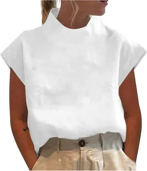 Women High Neck Cotton Linen Shirt Summer Casual Elegant Cap Sleeve Tee Tops Oversized Streetwear Zip Up Back Blouse