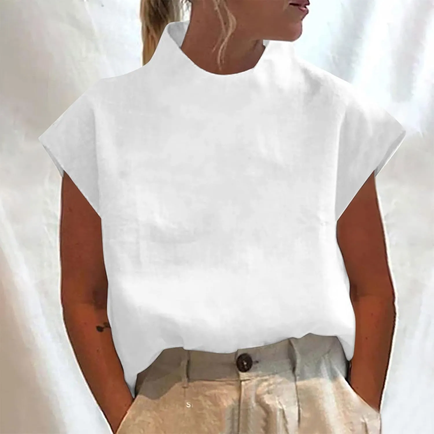 Women High Neck Cotton Linen Shirt Summer Casual Elegant Cap Sleeve Tee Tops Oversized Streetwear Zip Up Back Blouse