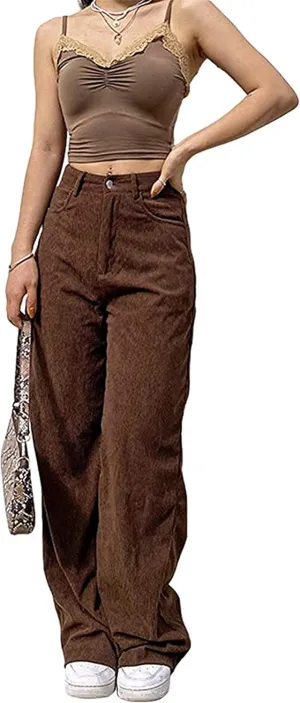 Women High Waist Corduroy Vintage Loose Straight Wide Leg Pants Ladies Girls Solid Color Casual Baggy Trousers