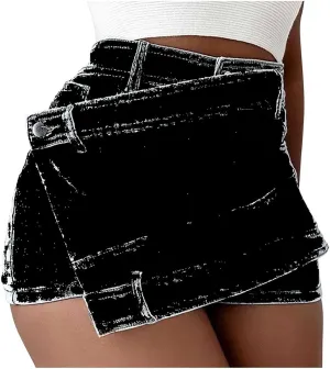 Women Irregular Denim Culottes High Waisted Jeans Shorts Wash Denims Skirt Shorts Casual Summer Short Jean with Pockets