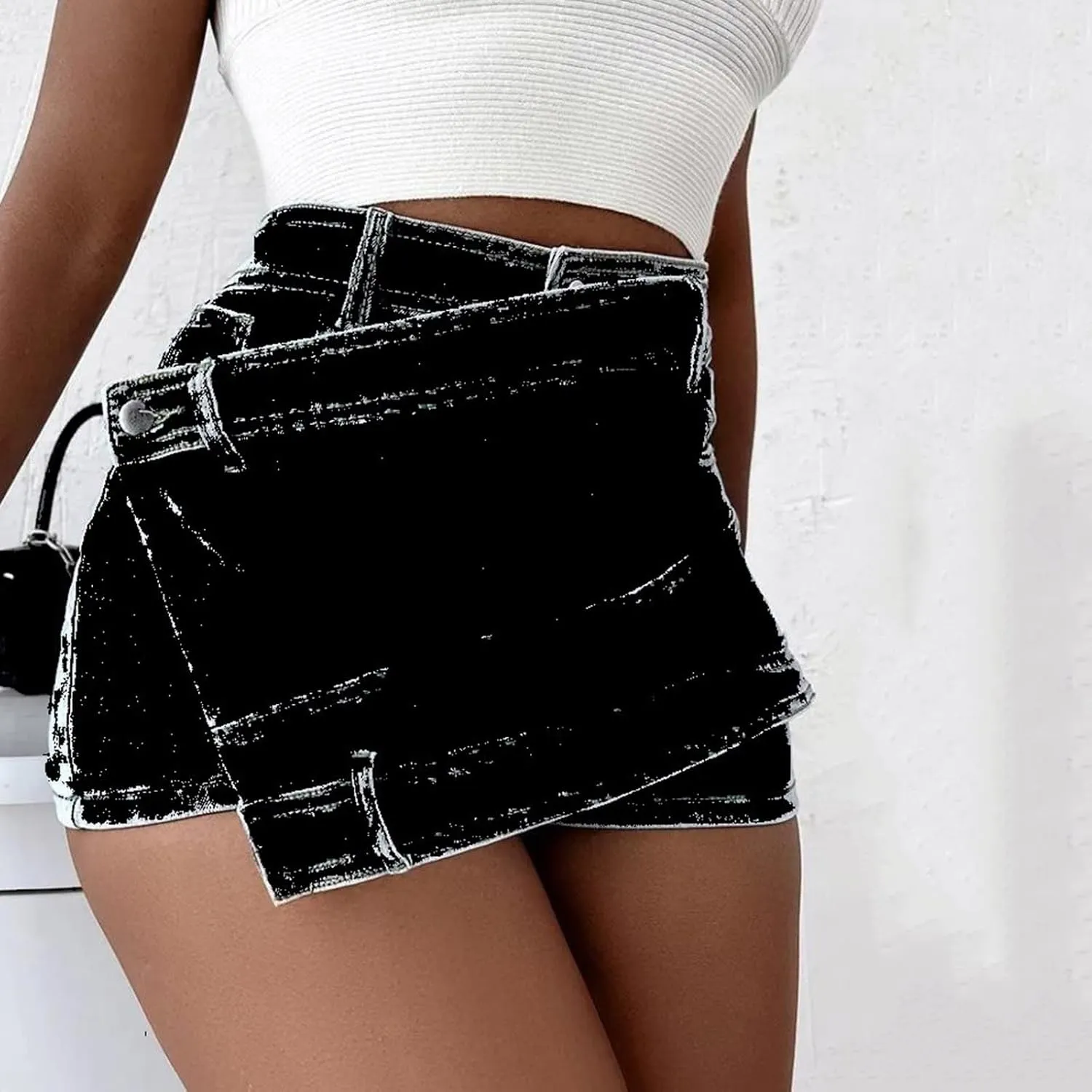 Women Irregular Denim Culottes High Waisted Jeans Shorts Wash Denims Skirt Shorts Casual Summer Short Jean with Pockets