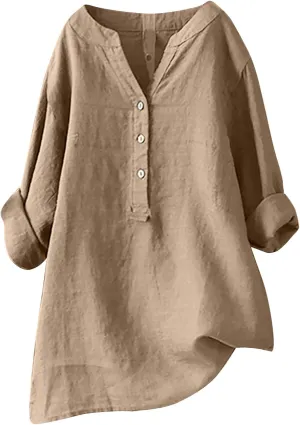 Women Long Sleeve Cotton Linen Shirts 2024 Casual Solid Color V-Neck Button Down Shirts Trendy Oversized Spring Tops
