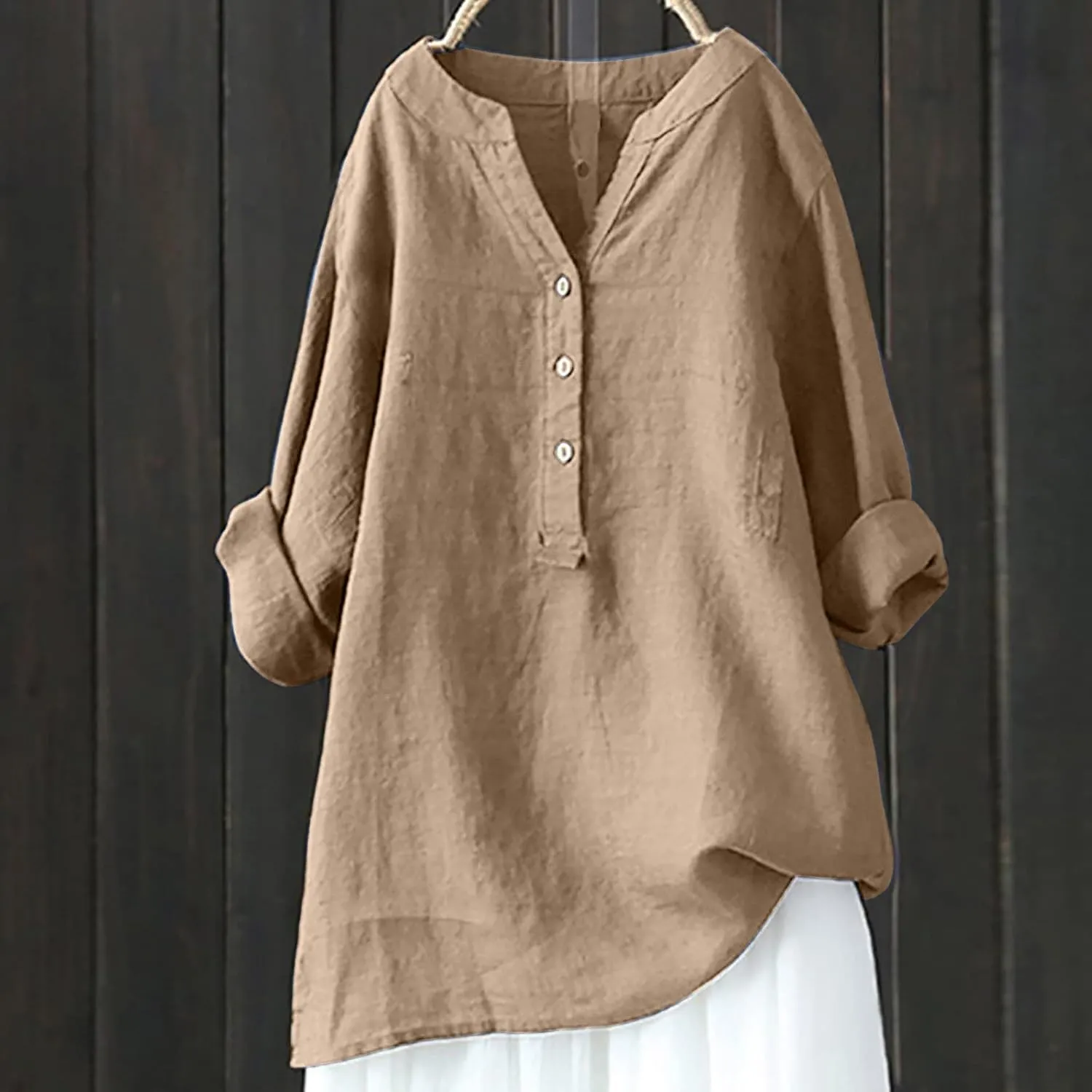 Women Long Sleeve Cotton Linen Shirts 2024 Casual Solid Color V-Neck Button Down Shirts Trendy Oversized Spring Tops