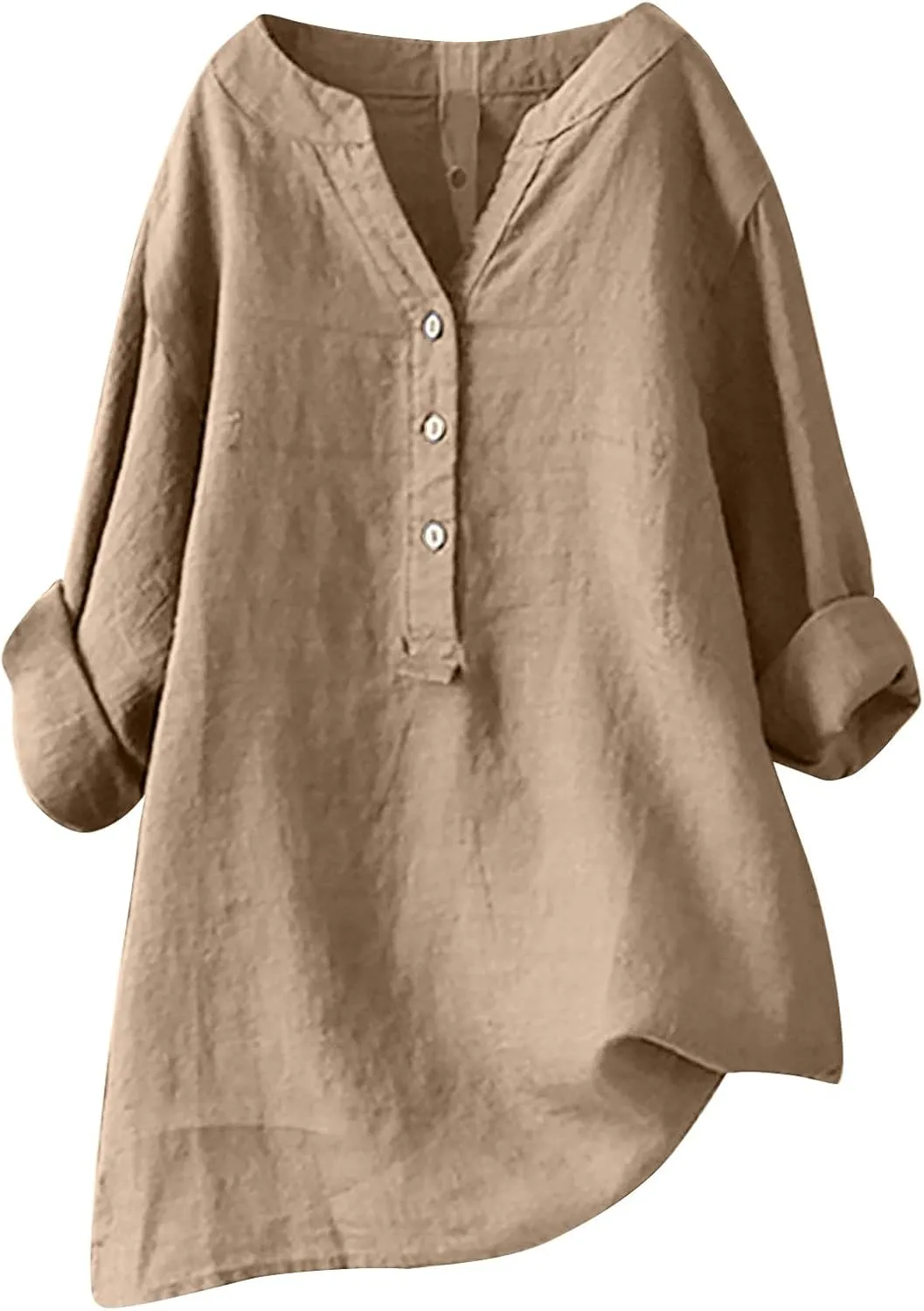 Women Long Sleeve Cotton Linen Shirts 2024 Casual Solid Color V-Neck Button Down Shirts Trendy Oversized Spring Tops