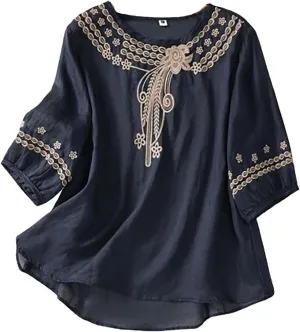 Women Mexican Embroidered Tops Cotton Linen Boho Shirts Guaze Peasant Summer Blouses Trendy Bohemian Clothes