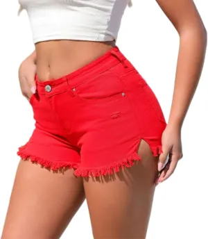 Women Pants Casual Denim Shorts Retro Solid Color High Waisted Denim Shorts Women High Waist Short (Red, S), Small