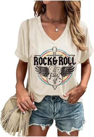 Women Rock Band T-Shirts Vintage Rock and Roll Country Music Shirt Funny Concert Outfit V-Neck Vacation Tops