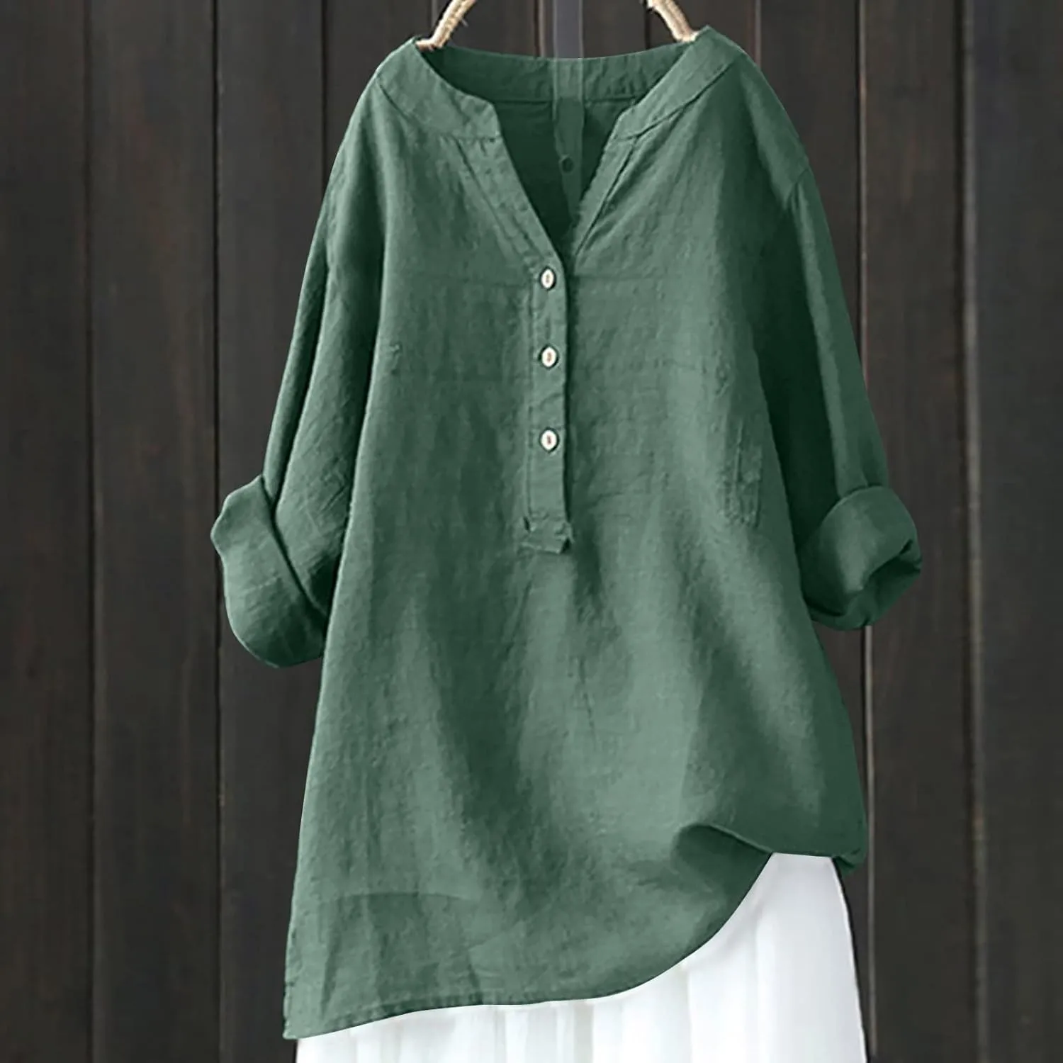 Women Summer Linen Shirts 3/4 Sleeve Cotton Blouse V Neck Button Tunic Tops Trendy Dressy Causal Clothing 2024