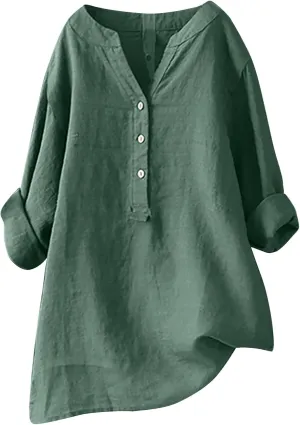 Women Summer Linen Shirts 3/4 Sleeve Cotton Blouse V Neck Button Tunic Tops Trendy Dressy Causal Clothing 2024