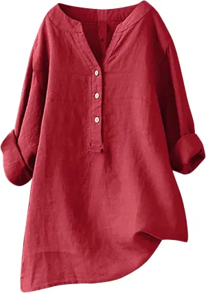 Women Summer Linen Shirts 3/4 Sleeve Cotton Blouse V Neck Button Tunic Tops Trendy Dressy Causal Clothing 2024