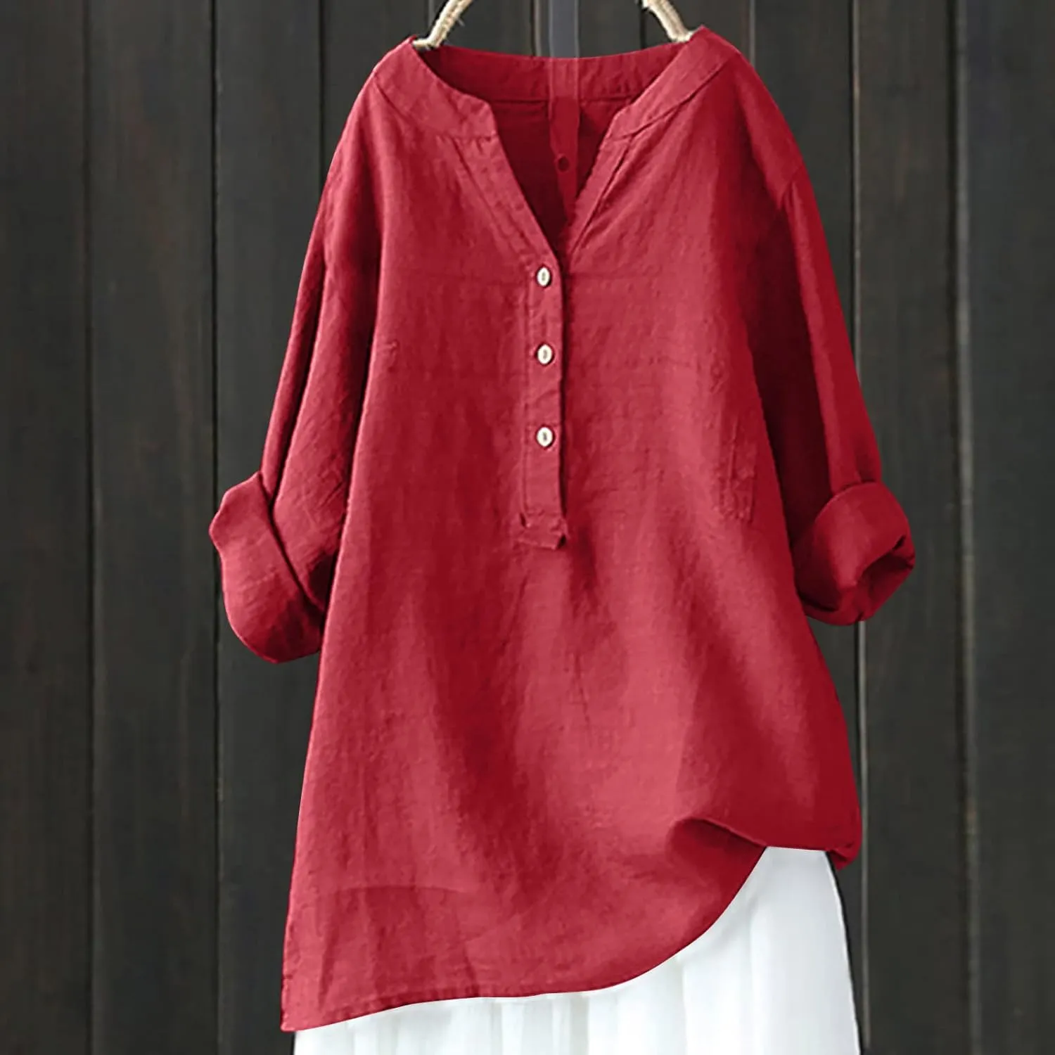 Women Summer Linen Shirts 3/4 Sleeve Cotton Blouse V Neck Button Tunic Tops Trendy Dressy Causal Clothing 2024