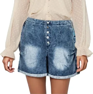 Women Y2K Denim Shorts Summer High Waisted Stretchy Button Up Wide Leg Denim Shorts Vintage Folded Hem Casual Jorts
