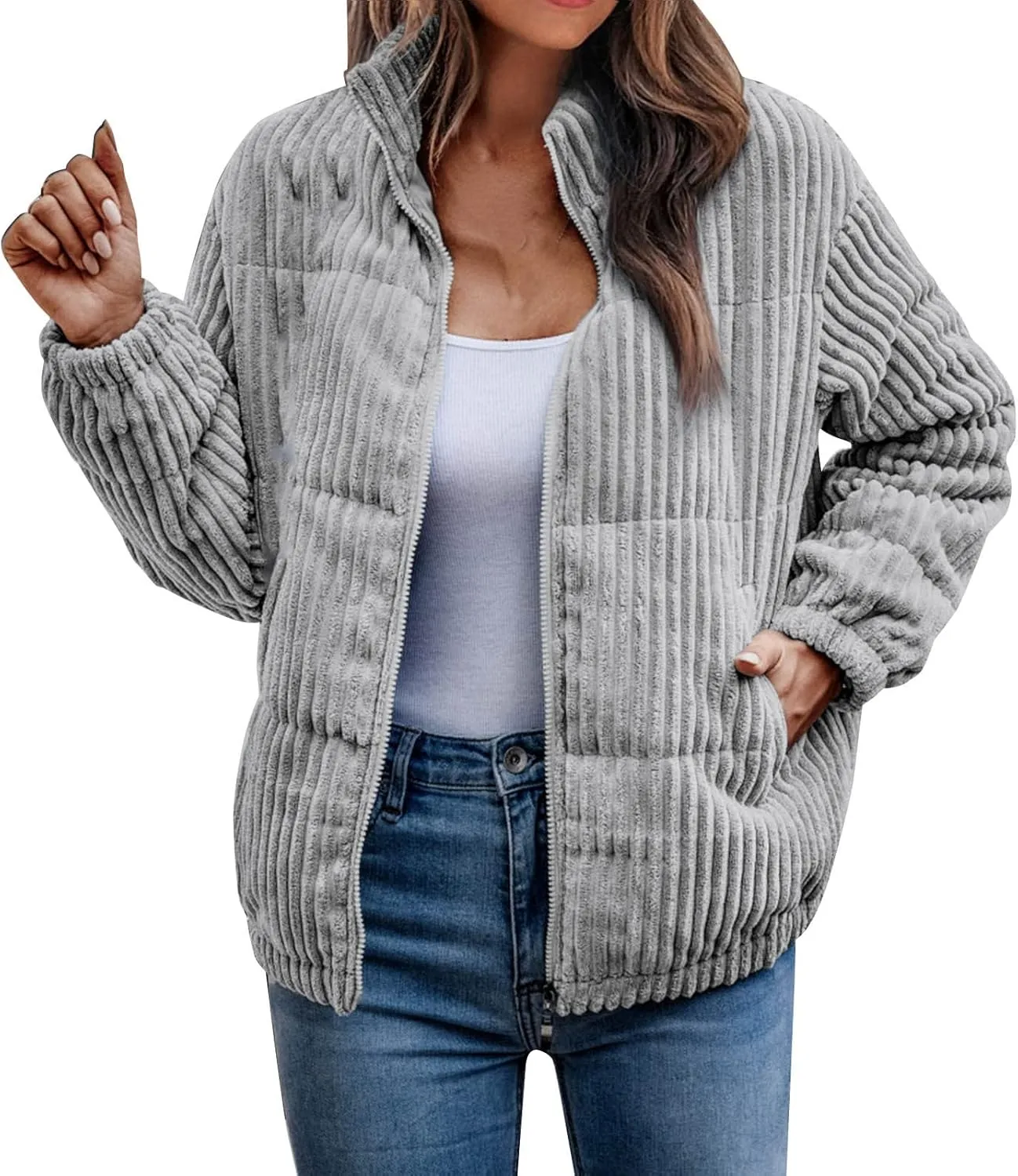 Womens 2024 Fashion Thick Solid Zipper Quilted Overcoat Long Sleeve Casual Breadwear Comfy Warm Jacket Coat Daily Suits