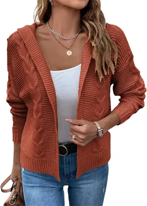 Women's Cable Knit Long Sleeve Sweater Cardigan Open Front Cropped Hoodie Cardigans Hooded Casual Loose Short Outwear